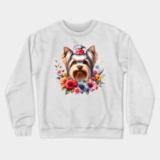 A yorkshire terrier with beautiful colorful flowers Crewneck Sweatshirt